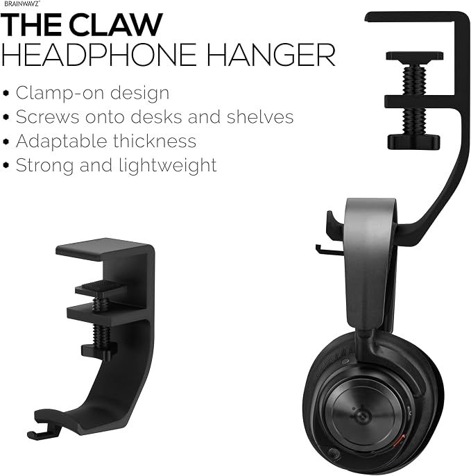 BRAINWAVZ Claw - Under Desk Headphone Hanger Stand, Screw in Place, Easy to Install with Adjustable Mounting Clamp, Suitable for All Headsets, Black - Image 7