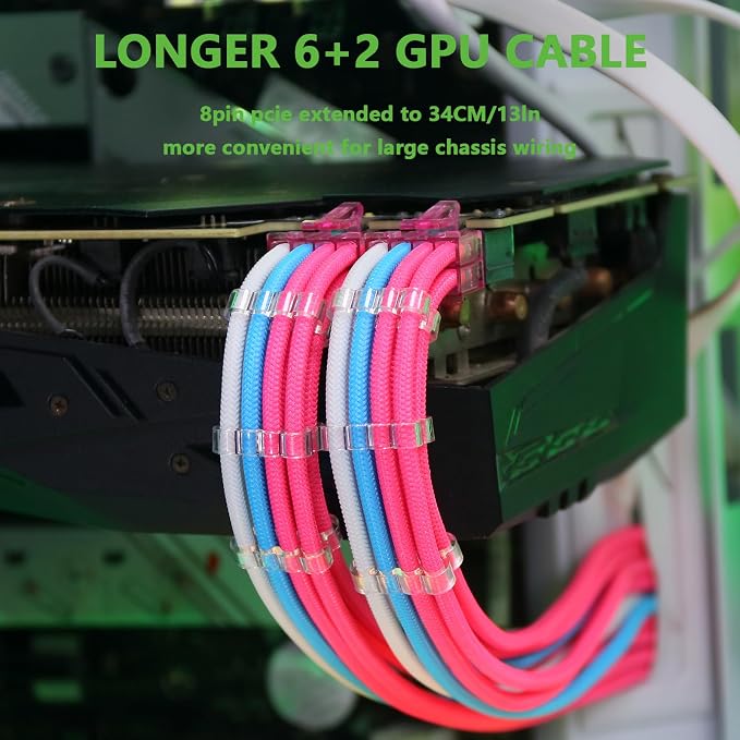 Sirlyr PSU Cable Extension,Customed Pre-Bend PC Power Supply Cable,1x 24 Pin ATX / 1x 8 (4+4) Pin EPS/Longer 2X 8 (6+2) Gold-Plated Pin Pcie,Nylon Sleeved Pink Blue White,4 Kits - Image 6