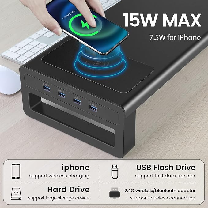 Vaydeer Wireless Charging and USB 3.0 Monitor Stand, Monitor Riser for Desk with Storage, Single Shelf Holder Raiser Organizer for Computer iMac Laptop PC Screen, Heavy Duty Gift Gaming Studio Office - Image 2