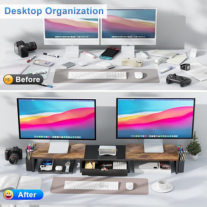 gianotter Dual Monitor Stand Riser With Drawer and 2 Pen Holders | Wood Computer Monitor Stand Desk Organizer and Accessories Desk Shelf for Top of Desk (Wood) - Image 2