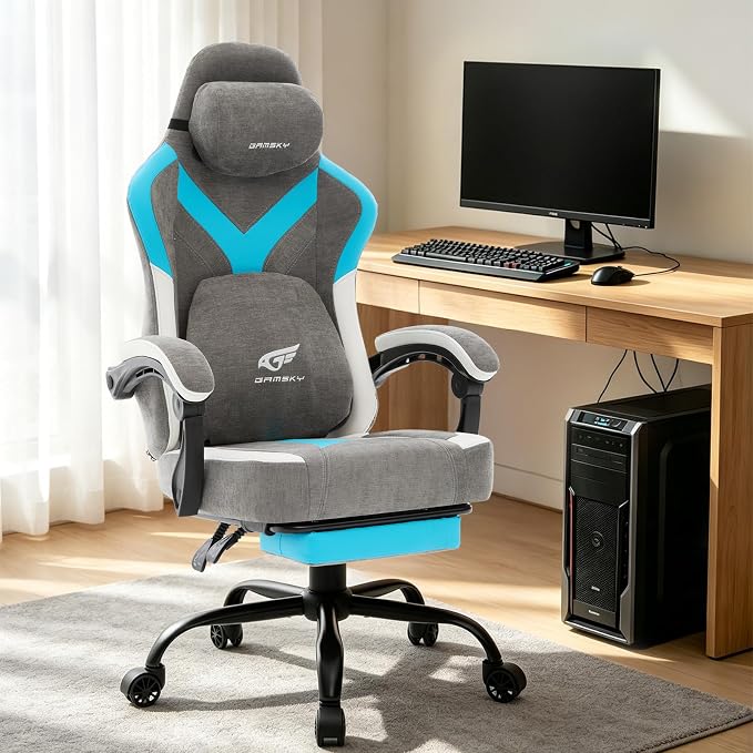 Ergonomic Gaming Chair for Adults - Comfortable Office Computer Chair with 20.5” Wide Seat, Adjustable Video Game Chair with Footrest and Lumbar Support for Home Office, Grey Blue - Image 2