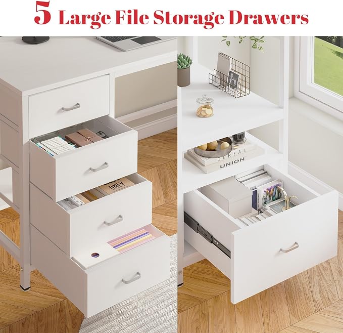 Computer Desk with Drawers, Home Office Desk with Storage Shelves, Charging Station, Corner Gaming Desk with Pegboard for Workspace, White - Image 3