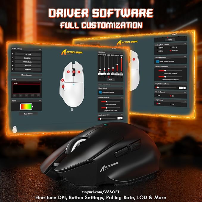 ATTACK SHARK V6 65g Superlight Wireless Gaming Mouse with RGB Magnetic Charging Dock,BT/2.4GHz Wireless/Wired Mouse 1K Polling,PixArt PAW3311 Sensor,25000DPI,Office Gamer Mice for PC/Win/Mac(Black) - Image 9