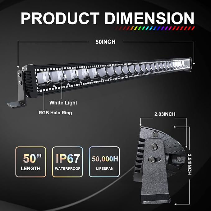 Lpteso RGBW LED Light Bar 50 inch 288W Flood Spot Combo Beam 2PCS 4 Inch 18W Flood RGB LED Pods with 16 Solid Colors Chasing RGB Halo Ring Changing with Strobe Flashing with Rocker Switch Wiring - Image 2