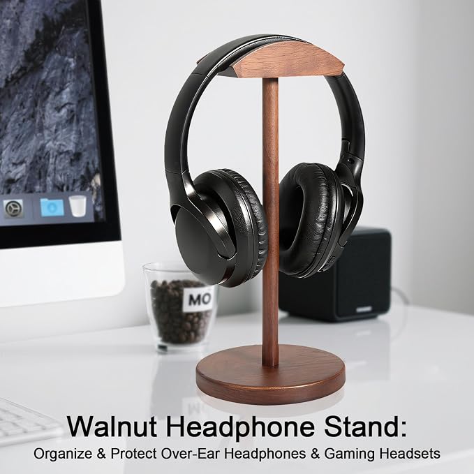 Walnut Wood Headphone Stand for Desk, Heavy Duty Wooden Headset Stand, Wide Compatibility Gaming Headset Hanger Holder, Stylish Desk Accessories for Home & Office - Image 2