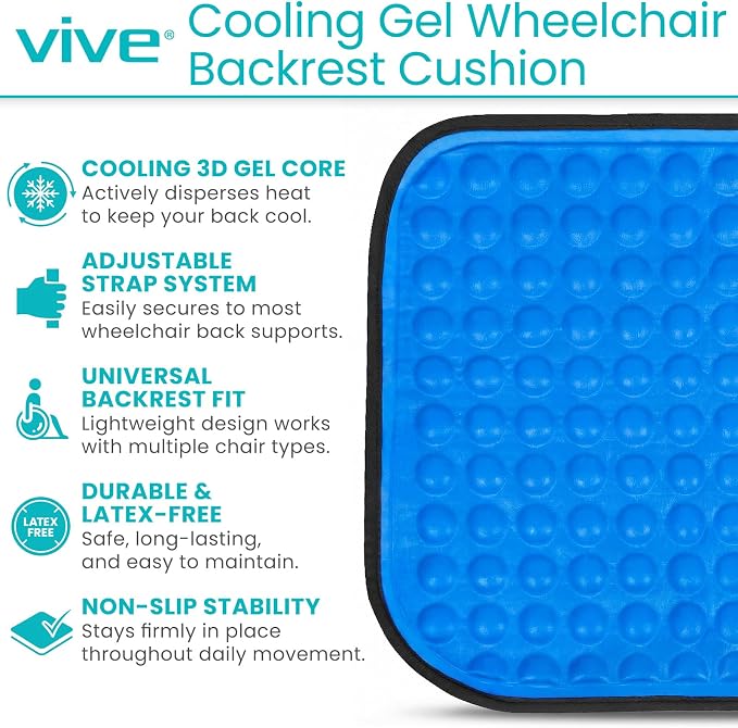 Vive Cooling Gel Wheelchair Backrest Cushion - Lumbar Support Board | Non-Slip, Adjustable Straps, Ideal for Office, Chair, Car, Gaming, Attach to Most 16–18" Wheelchairs, Gel Pillow - Image 2