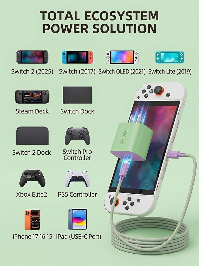 TPC 60W Charger for Nintendo Switch 2, Supports 4K TV Mode, Fast Charging AC Adapter (20V 3A) with 6.6FT Braided USB-C Cable, Compatible with Switch 1/OLED/Lite & Steam Deck (Green & Lavender) - Image 9