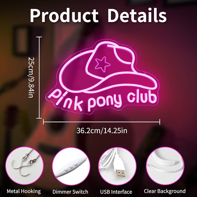 Pink Pony Neon Sign Western Cowgirl Neon Lights for Wall Decor Dimmable Neon Lights Midwest Princess Led Signs For Bedroom Wall Girl Cave Club Bar Pub Gift - Image 3