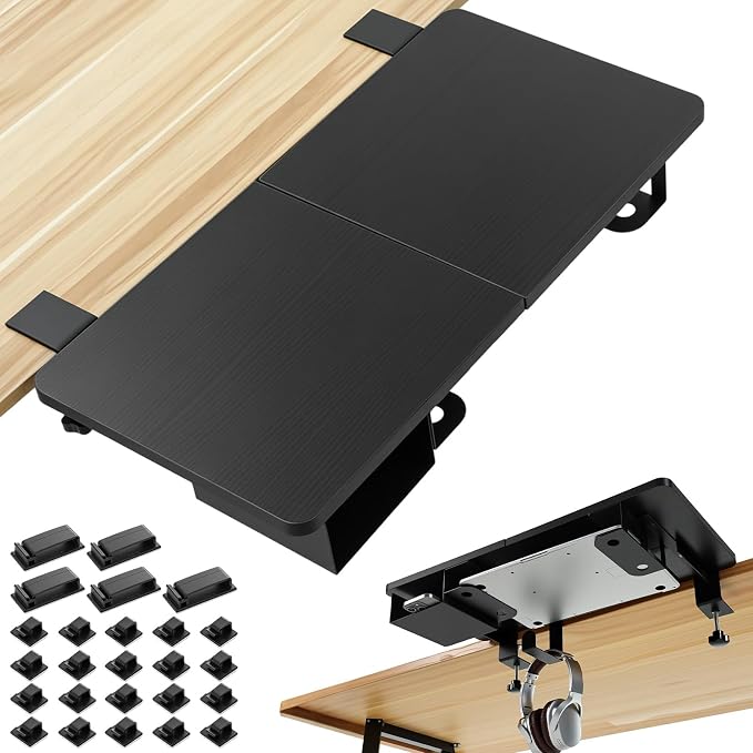 Novabright 24" x 12" Desk Extender Tray with Side Storage Rack Heavy Duty Desk Extender Under Desks Laptop Mount Keyboard Extenders for Desks with a Concealed Storage Area for Cable & Earphone (Black) by Unknown