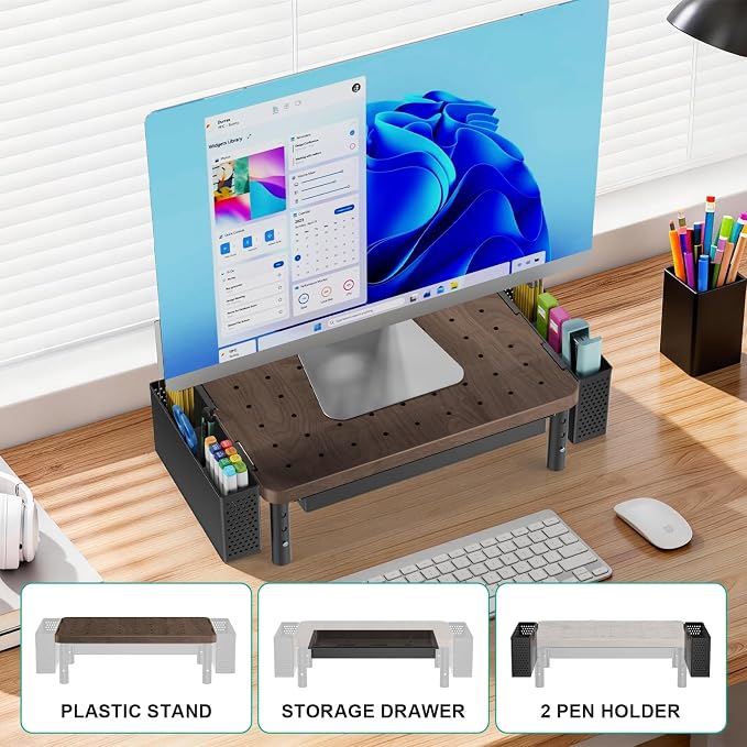 WALI Computer Monitor Stand with Storage and Pen Holder | 3 Height Adjustable Desk Organizer with Drawer, Desk Laptop Monitor Riser for Computer, Printer(PTT003-C), 1 Pack, Brown - Image 7