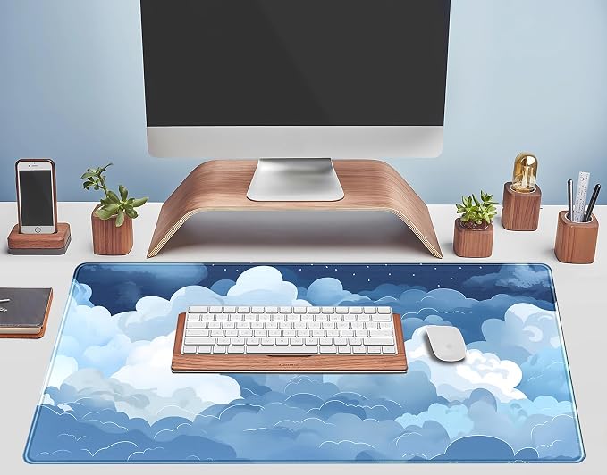 Aesthetic Blue and White Puffy Clouds Desk Mat, XXL Large Kawaii Blue Extended Gaming Mouse Pad with Stitched Edges, Cute Big Laptop Keyboard and Mouse Mat for Women Office Decor Mat 31.5x15.7 in - Image 5