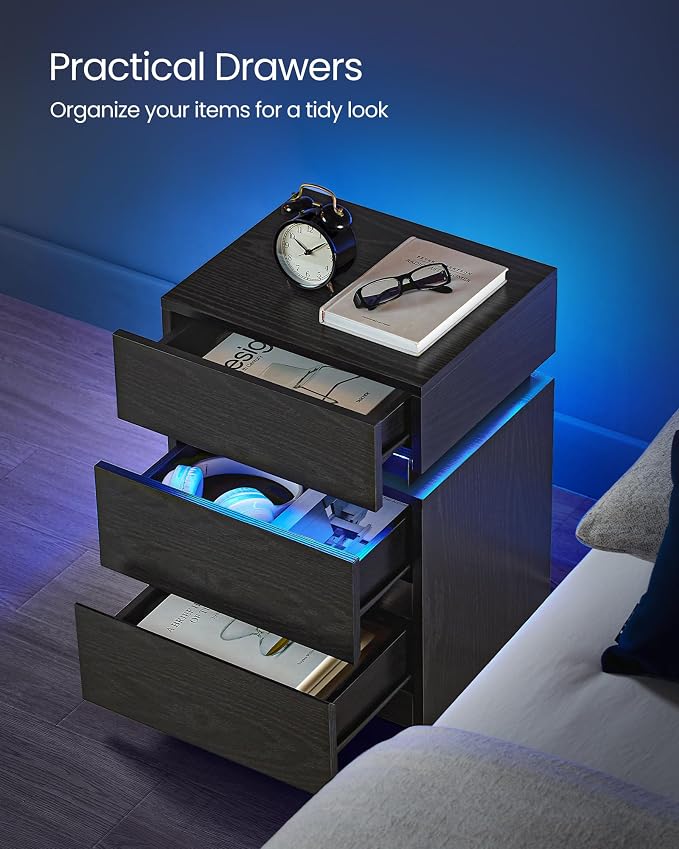 VASAGLE LED Nightstand with Charging Station, 3 Drawers - Image 5