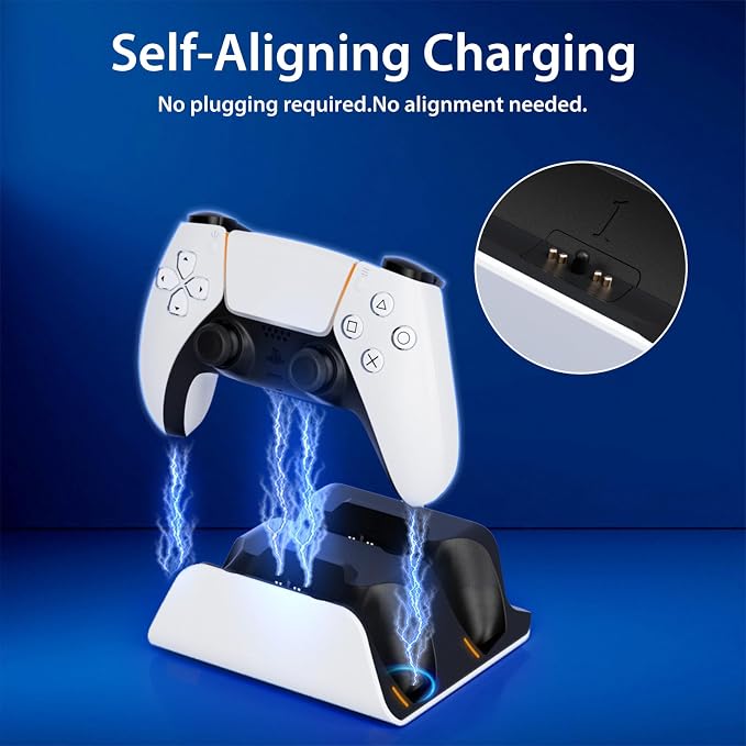 PS5 Controller Charger Station with LED Indicator,Self-Aligning Charging Dock,Dual Controller Fast Charging Dock,Desktop Display Stand for PlayStation 5 (White) - Image 3