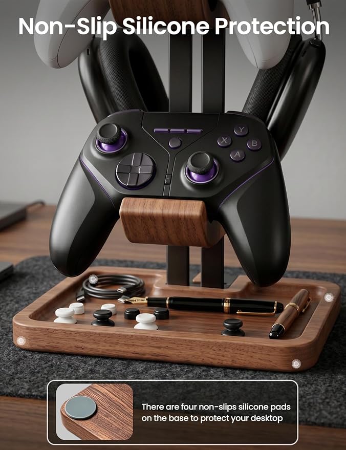 LOXP Walnut Headphone and Controller Stand, 2-in-1 Holder with Storage | Solid Wood Gaming Headphone Stand, Built-in Storage, Non-Slip, Fits Xbox PS5 Switch Controllers, Desktop Organizer for Gamers - Image 7