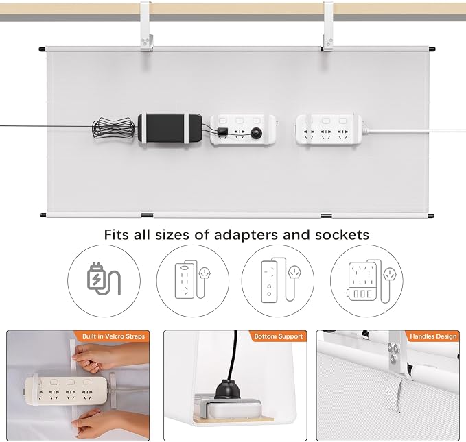 Under Desk Cable Management Tray, 36" Fabric Wire Cord Organizer, White - Image 2