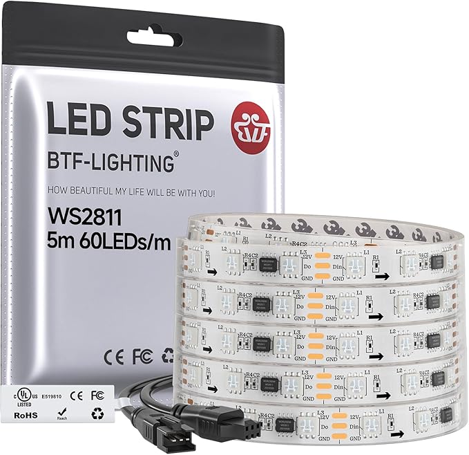 BTF-LIGHTING WS2811 Addressable RGB LED Strip 16.4FT 300LED DC12V IP67 by BTF-LIGHTING