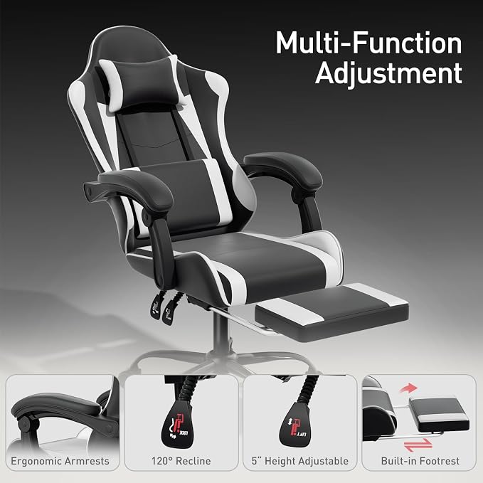 MoNiBloom Gaming Chair, Footrest & Lumbar Support, Height Adjust, White | Headrest & Lumbar Support, Ergonomic Computer chair, for Adult Teen Office or Gaming,Swivel game chair, leather gaming chair - Image 6