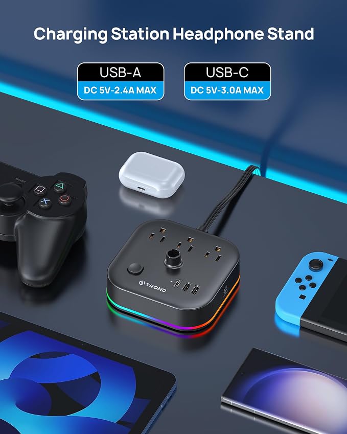TROND Headphone Stand with USB C, Desk Gaming Headset Holder with 3 AC Outlets, 2 USB-A and 1 USB-C, Headset Stand with 5 RGB Light Modes, for Gaming Desk Accessories Gamer Boyfriend Gifts | 2 USB A and 1 USB C, Headset Stand with 5 RGB Light Modes, fo... - Image 4