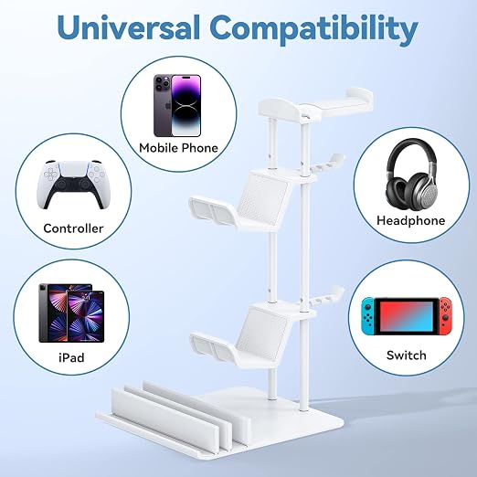 KDD Headphone Stand, Controller Holder & Headset Holder for Desk, Earphone Stand with Aluminum Supporting Bar, Universal Storage Organizer Headphones/Controller/Switch/Mobile Phone(White) - Image 5