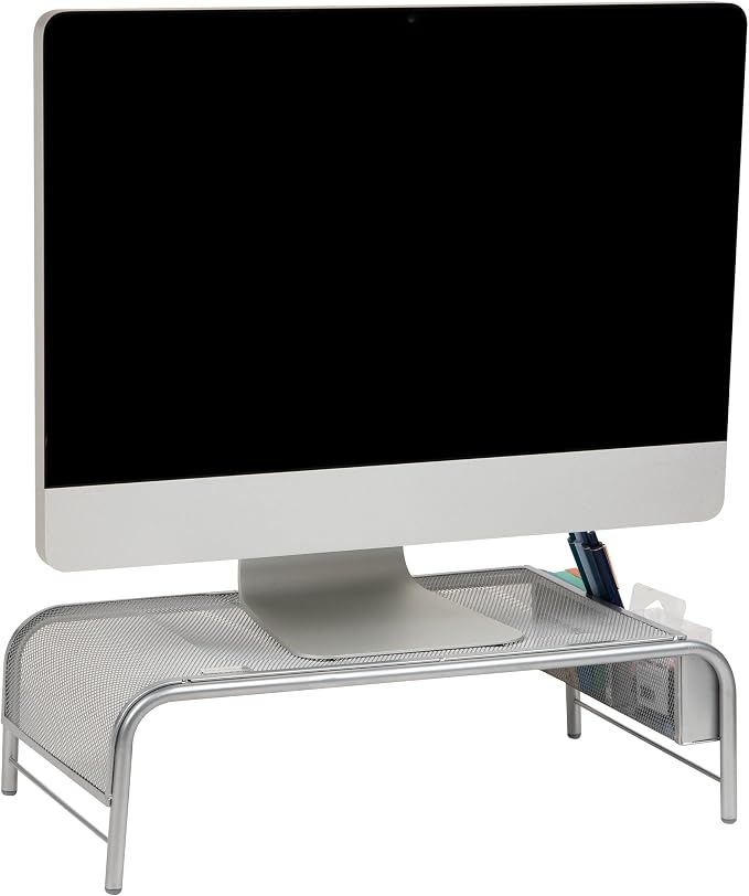 Mind Reader Monitor Stand, Ventilated Laptop Riser, Desktop Organizer, Side Storage, Metal Mesh, 20"L x 11.5"W x 5.5"H, Silver by MindReader