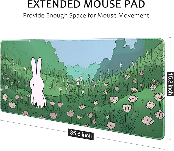 Auhoahsil Ultra Large Gaming Mousepad, XXL Extended Full Size Desktop Matt for Keyboard, Laptop & Computer, 35.5 x 15.7 in, Anime Bunny Green Grass - Image 4