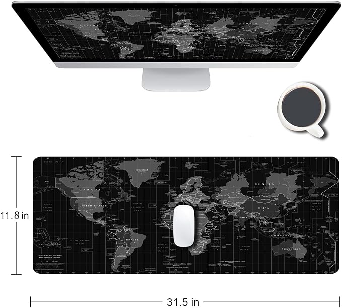 Large Gaming Mouse Pad with Stitched Edges, Desk Mat Extended Keyboard Pad, Non-Slip Rubber Base Desk Pad for Laptop, Office, Home, 31.5X11.8 inch Black World Map - Image 2
