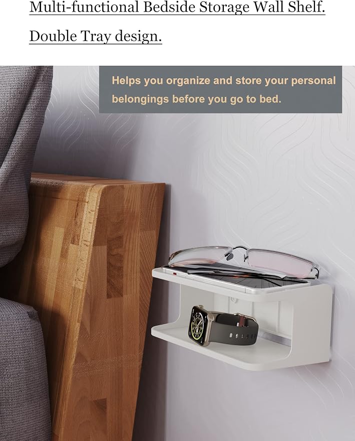 Bedside Wall Shelf Organizer, Small Bedside Shelf, (White) - Image 2