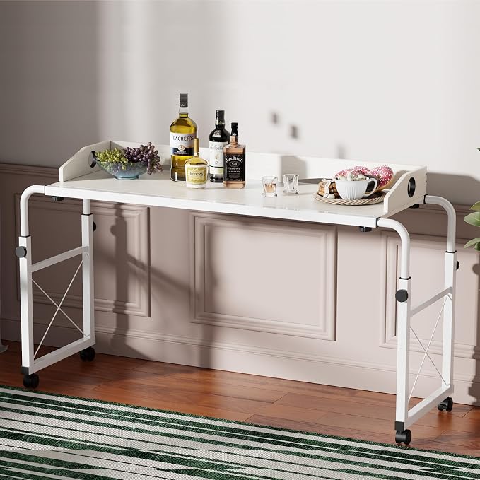 Overbed Table with Wheels, Adjustable Queen & King Bed Desk, White - Image 8