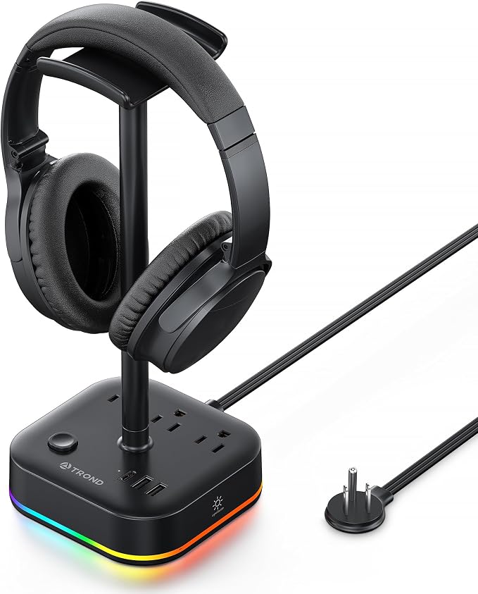 TROND Headphone Stand with USB C, Desk Gaming Headset Holder with 3 AC Outlets, 2 USB-A and 1 USB-C, Headset Stand with 5 RGB Light Modes, for Gaming Desk Accessories Gamer Boyfriend Gifts | 2 USB A and 1 USB C, Headset Stand with 5 RGB Light Modes, fo... by TRONDOfficial