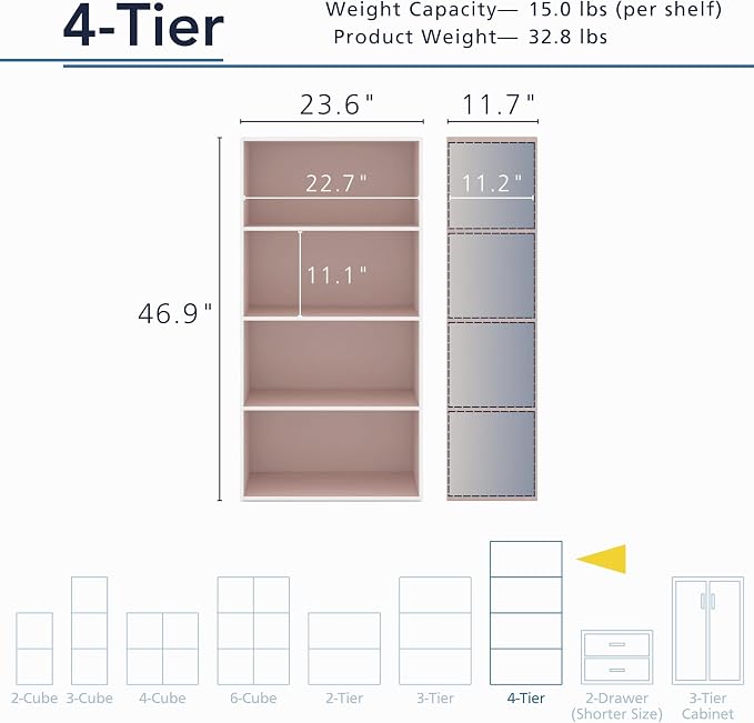 Homes: Inside + Out Apexa 4-Tier Cube Storage Organizer Shelves, Stackable Wood Bookcase Fits Cubby Bins for Organization, Dorm Teen Room Decor & Home Office, Light Pink - Image 3