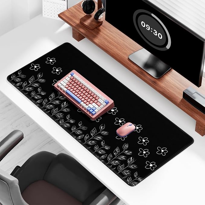 Auhoahsil Desk Mat, Ultra Large Mouse Pad, XXL Gaming Mousepad, Pretty Desk Pad, Big Extended Full Size Desktop Desk Matt for Keyboard, Laptop & Computer, 35.5 x 15.7 in, Minimalist Flower Black - Image 2