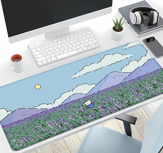 IMAYONDIA Anime Lavender Desk Mat Cute, Green Purple Blue XL Large Gaming Mouse Pad for Laptop, Kawaii Landscape Japanese Deskmat, Mousepad Computer Pad, 31.5 X 11.8 Inch - Image 6