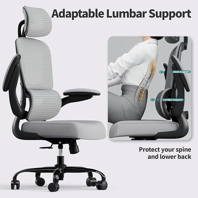 TRALT Office Chair Ergonomic Desk Chair - Gaming Chair with Lumbar Support | 330 LBS Home Office Desk Chairs with Headrest, Reading Chair with Flip-up Armrests, Comfortable Computer Chairs (1, Grey) - Image 6
