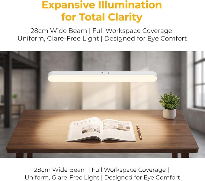 BY-J Magnetic Eye-Caring Desk Lamp, 28cm Wide Anti-Glare LED Reading Light, Rechargeable Dorm Lamp for Student Study, Bedside, Dressing Table & Kitchen Cabinet - Image 2
