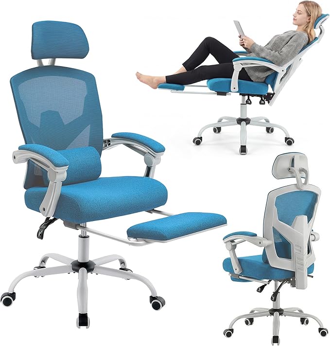 Ergonomic Desk Chair, High Back Office Chair with Wheels, Elegant Blue | Computer Chair with Footrest, Swivel Reclining Gaming Chair with Headrest, Comfy Armrest for Home, Office, Work, Study by BRITEMART