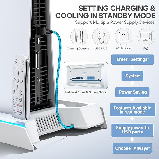 Rysker PS-5/Slim/Pro Cooling Station with Quiet Cooling Fan and Fast Controller Charger for Disc & Digital Console, PS-5 Accessories Incl. 3 USB Ports, Screw and Headset - Image 6