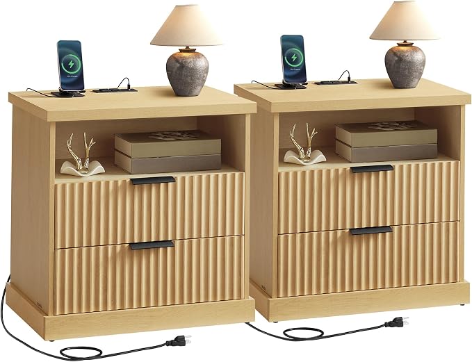 VASAGLE Set of 2 Nightstands with Charging Station, 2 Drawers, Open Shelf by Unknown