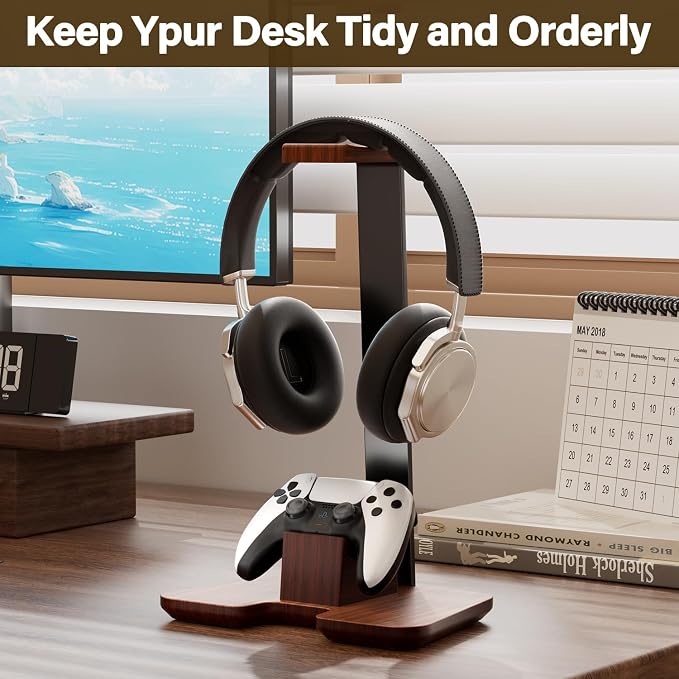 Controller Stand Wood Headphone Stand for Desk Gaming Desk Accessories Controller Holder for Gaming Equipment Headset Holder Gift for Father,Son,Husband,Boyfriend - Image 2