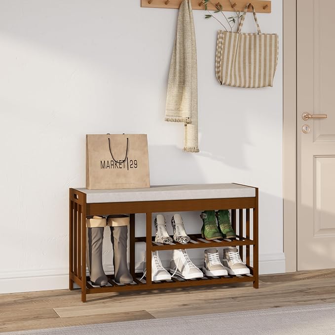 Bamboo Shoe Storage Bench with Cushioned Seat 3-Tier Entryway Shoe Rack - Image 8