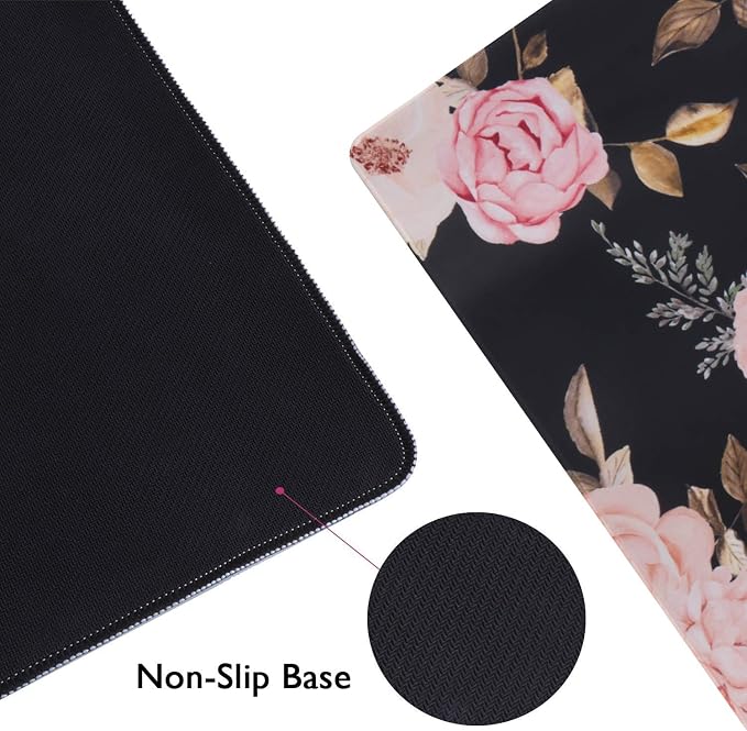 iCasso Extended Gaming Mouse Pad,XXL Desk Pad,Peony | Non-Slip Rubber Base Mousepad with Stitched Edges,Waterproof Keyboard Mouse Mat Desk Pad for Work Home Office - Image 2