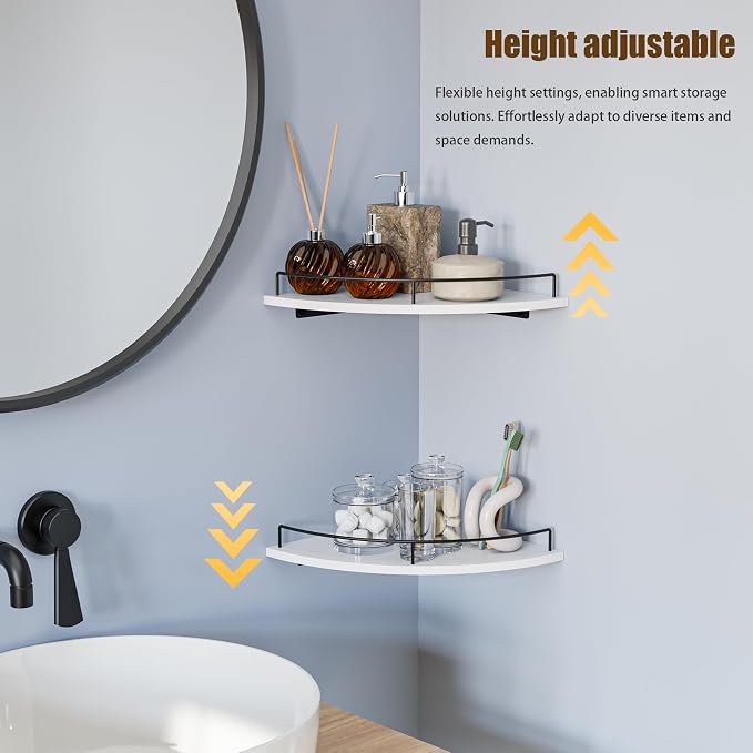 Corner Floating Shelves, Rustic Brown Wood, Set of 2, Wall Mount Storage with Guardrail for Bathroom Kitchen Living Room (White) - Image 9