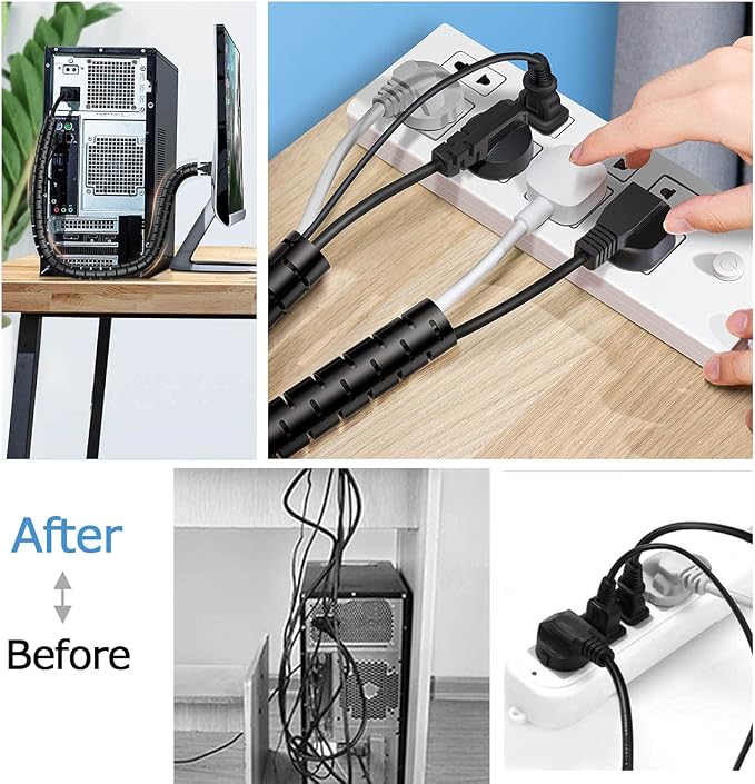 Large PC Cable Management Tube Sleeve Under Desk Wire Organizer for Cords 2 PCS Black, 1.1 inch -5 ft EZ Spiral Cable Wrap Cover Bundler w/Clips for TV Office, Pet Proof Cable Protector - Image 3
