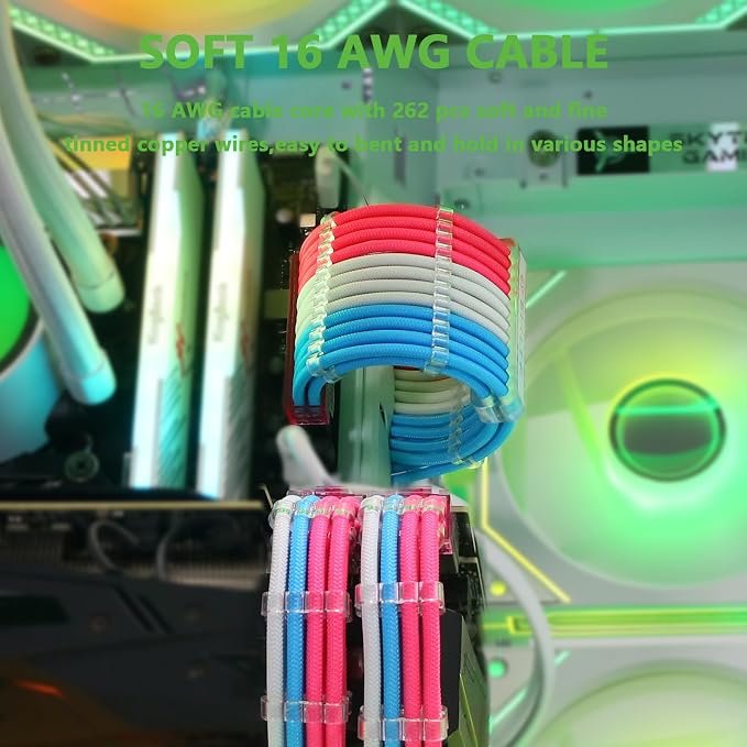Sirlyr PSU Cable Extension,Customed Pre-Bend PC Power Supply Cable,1x 24 Pin ATX / 1x 8 (4+4) Pin EPS/Longer 2X 8 (6+2) Gold-Plated Pin Pcie,Nylon Sleeved Pink Blue White,4 Kits - Image 5