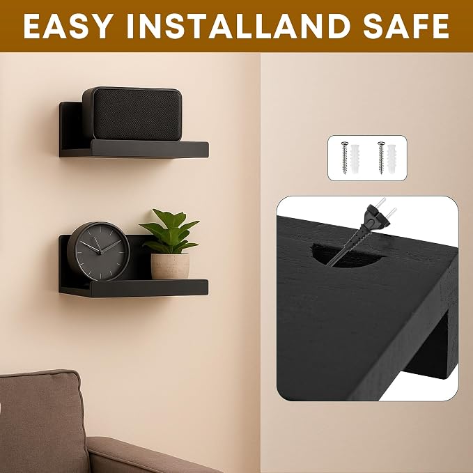 Floating Wall Shelves Set of 2, 12-Inch Solid Wood Shelves with Cable Holes, Small Display Shelf for Router, Webcam, Smart Speaker, Camera – Black - Image 4