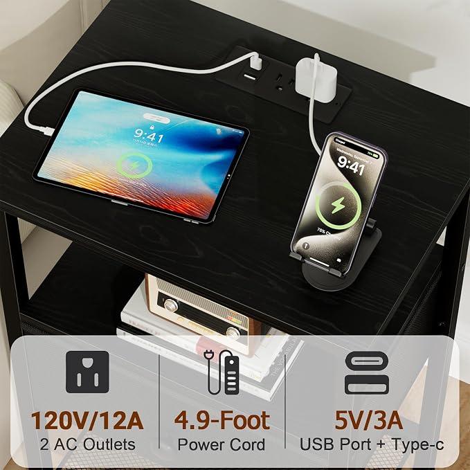 LOAKEKEL Night Stand, Small Nightstand with Charging Station - Image 4