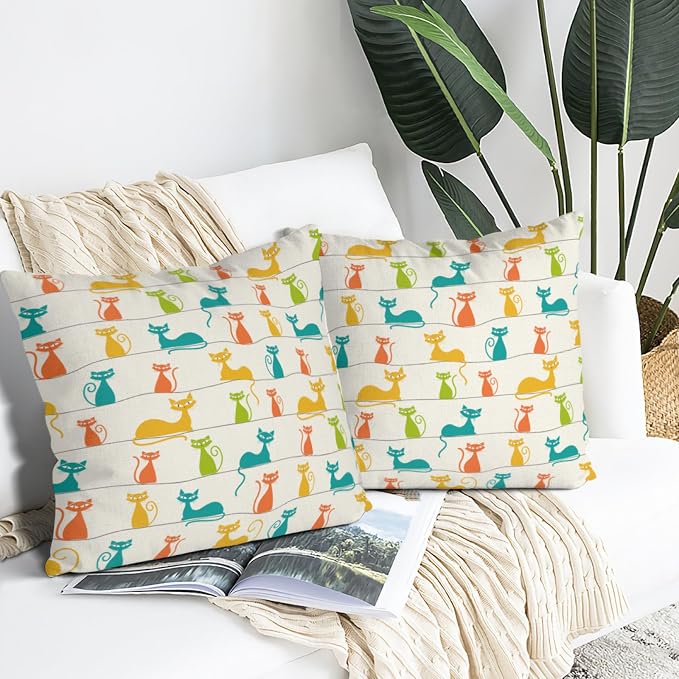 Mid Century Modern Cats Throw Pillows Cover 18"x18" Set of 2,Retro Decorative Pillow Cases for Sofa Couch Bedroom Living Room Ourdoor Cushion Covers - Image 2
