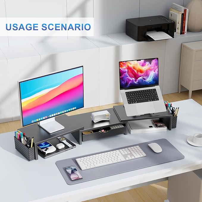 gianotter Dual Monitor Stand Riser With Drawer and 2 Pen Holders | Desk Organizer and Accessories Computer Monitor Stand, Desk Shelf for Top of Desk (Black) - Image 4