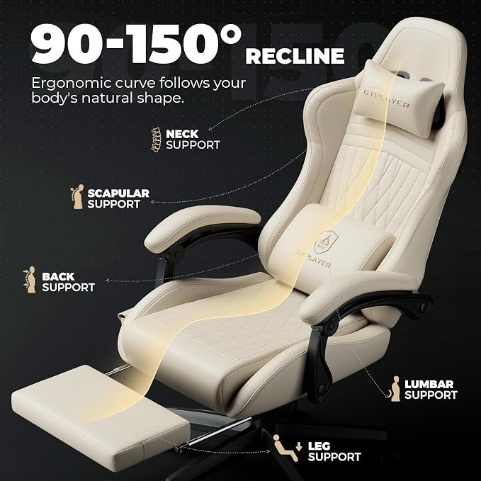 GTPLAYER Gaming Chair with Speakers ACE-PRO, Computer Video Game Chairs with Footrest for Adults, Built-in Speakers, App Support & Bluetooth Control, Ergonomic Reclining Silla, Linkage Armrest, Ivory - Image 8