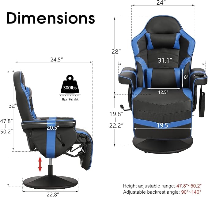 LVUYOYO Reclining Gaming Chair, Massage Gaming Chairs for Adults, High Back PU Leather Game Recliner w/Adjustable Height, Swivel Game Chair with Lumbar Support, Cup Holder, Headrest - Image 3