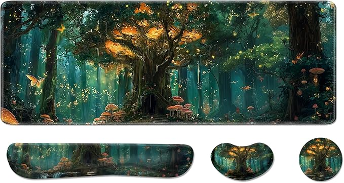 Desk Pad and Keyboard Wrist Rest, Large Mouse Pad + Keyboard Pad+Mouse Wrist Support, Non-Slip Desk Mat Protector for Office, Home 31.5×11.8 Inches Green Forest by AFUZLE